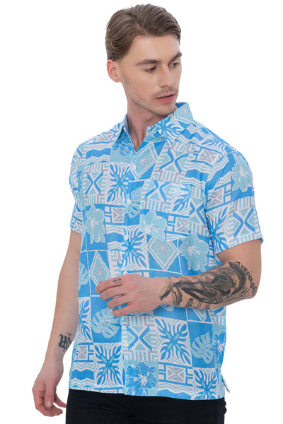 HAPPY BAY Mens Hawaiian Shirts Blue Tropical P00399