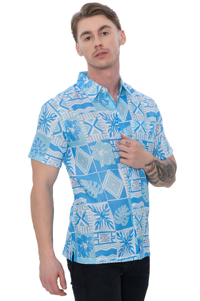HAPPY BAY Mens Hawaiian Shirts Blue Tropical P00399