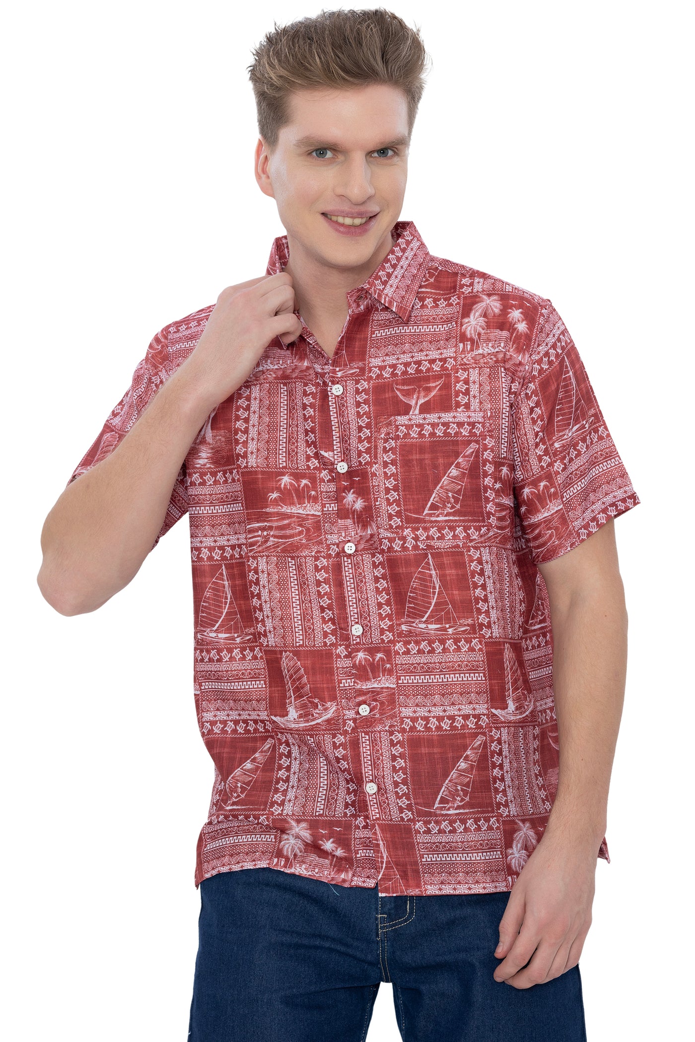 HAPPY BAY Linen Effect Mens Shirts Red Landscape P00406