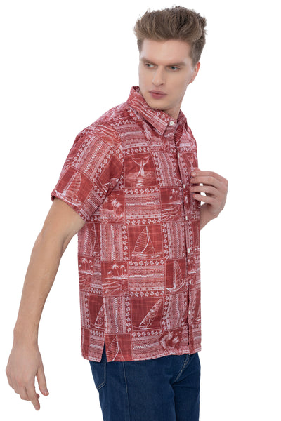 HAPPY BAY Linen Effect Mens Shirts Red Landscape P00406