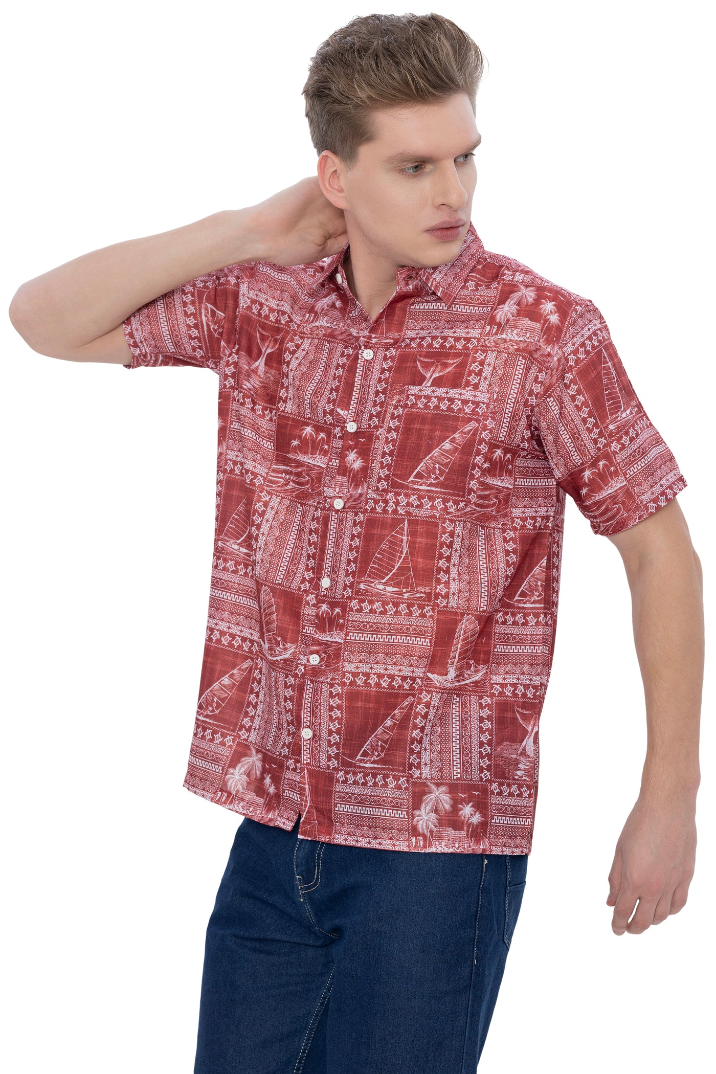 HAPPY BAY Linen Effect Mens Shirts Red Landscape P00406