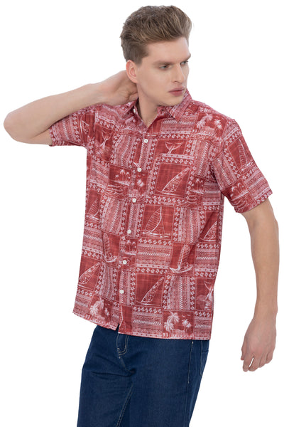 HAPPY BAY Linen Effect Mens Shirts Red Landscape P00406