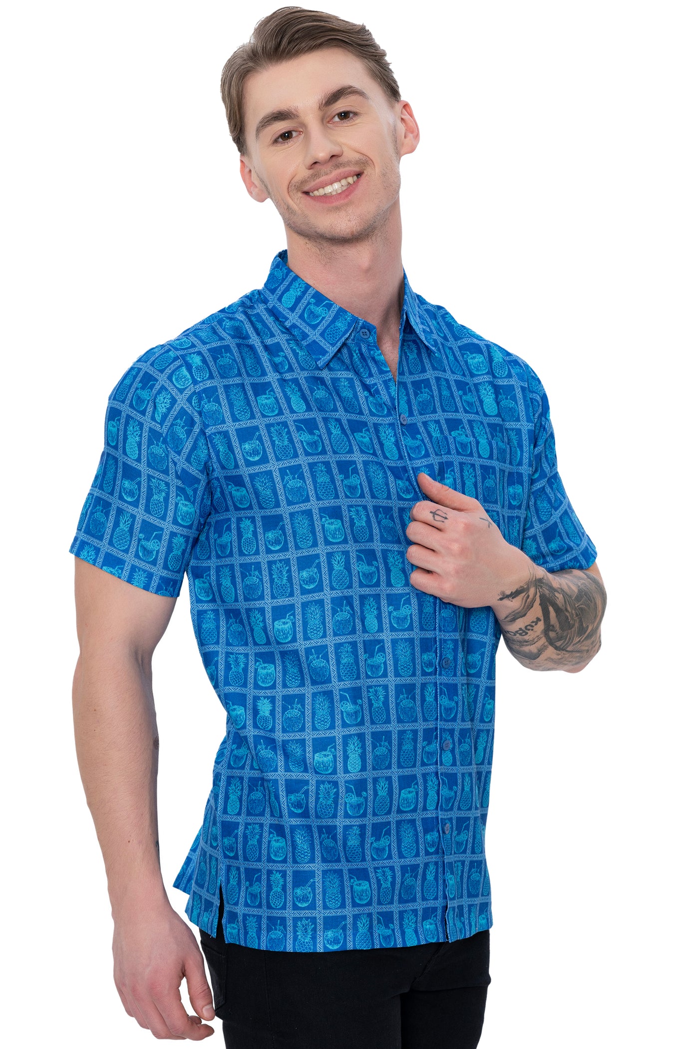 HAPPY BAY Linen Effect Mens Shirts Blue Pineapple P00424