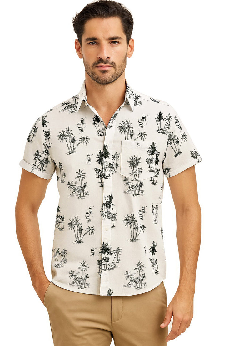 HAPPY BAY Mens Hawaiian Shirts Large Palm Tree White P00438