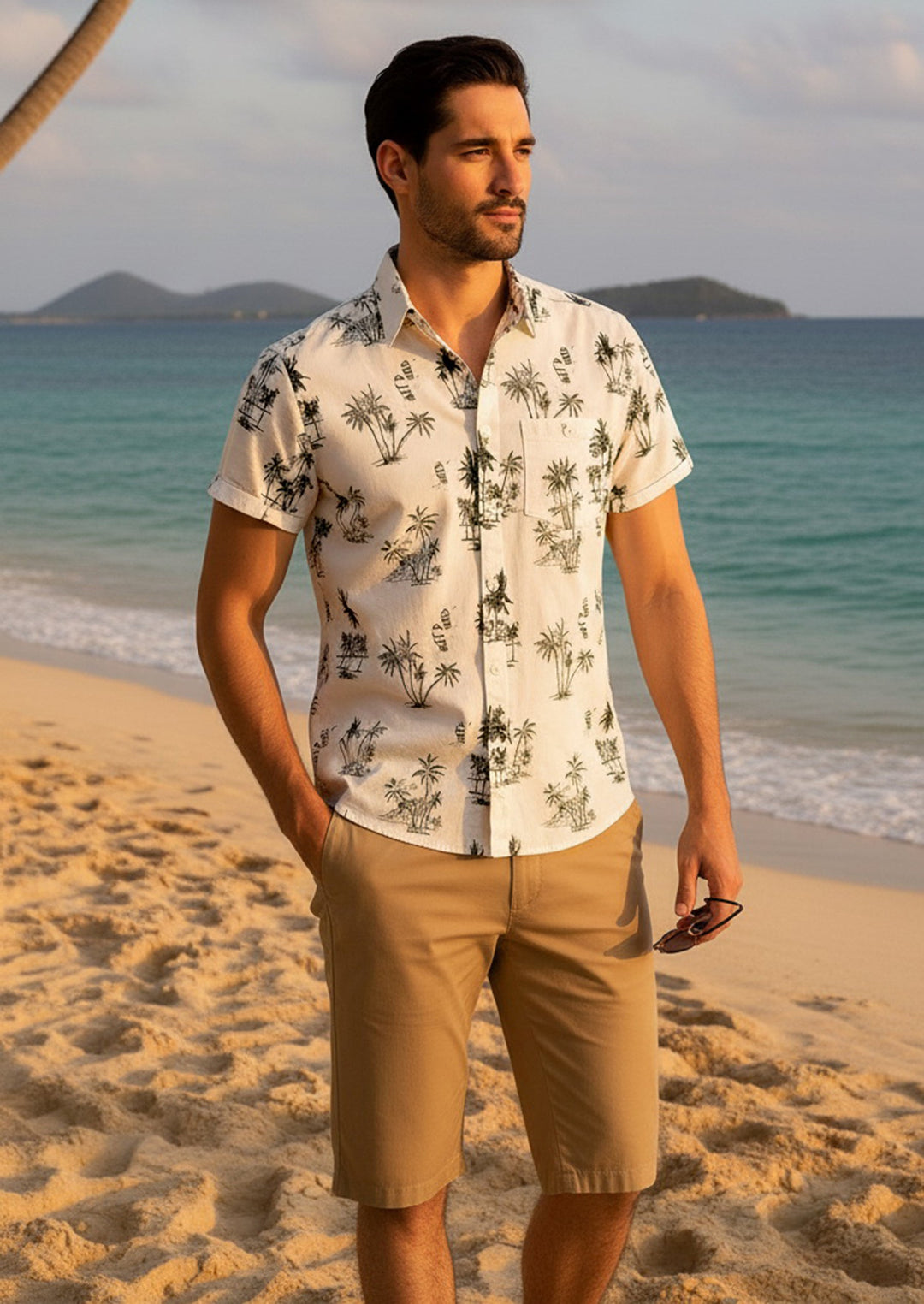 HAPPY BAY Mens Hawaiian Shirts Large Palm Tree White P00438