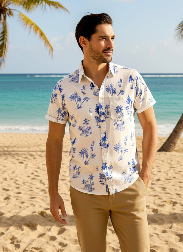 HAPPY BAY Mens Hawaiian Shirts Large Beach White P00439