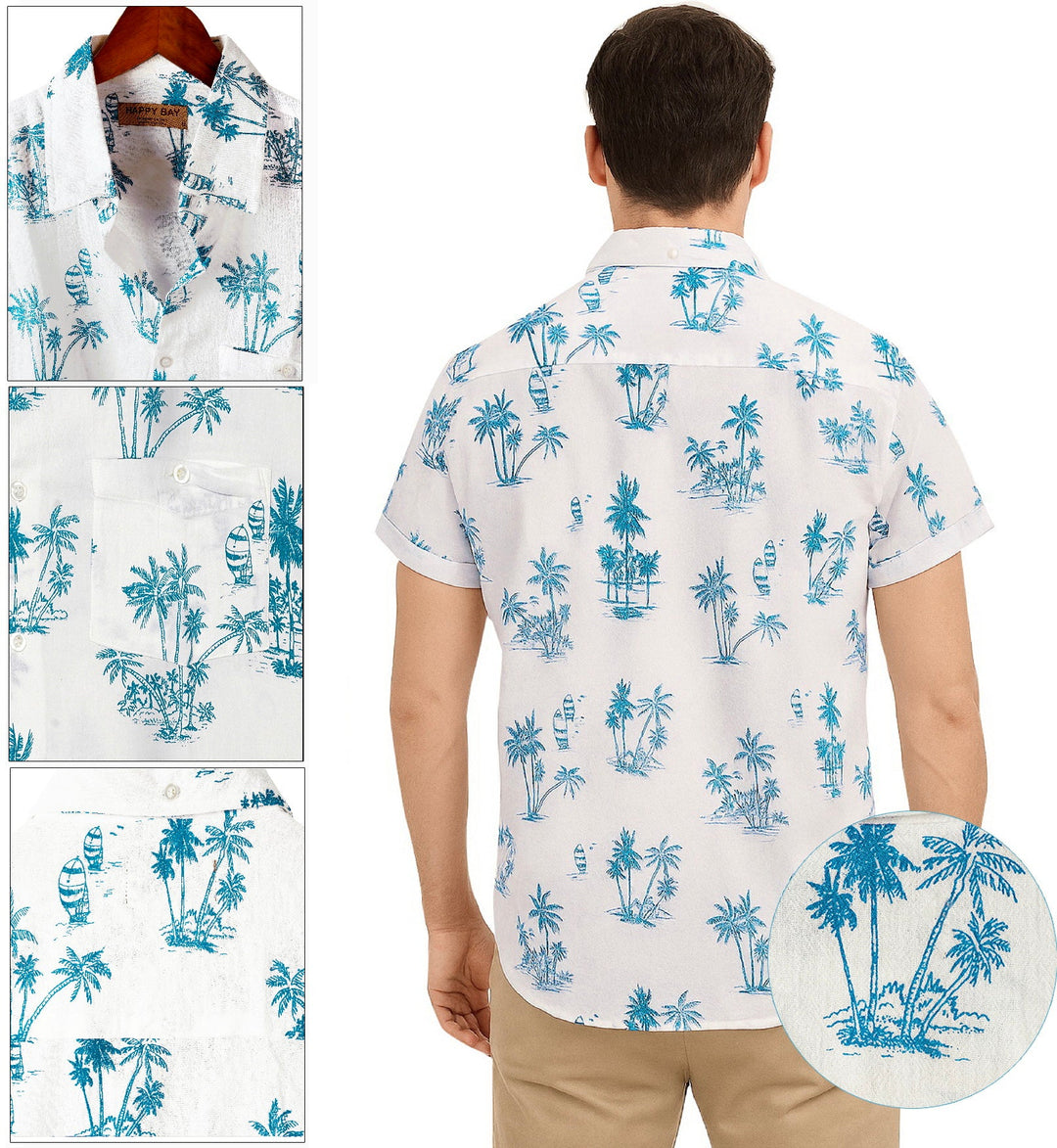 HAPPY BAY Mens Hawaiian Shirts T_Blue Palm Tree P00440