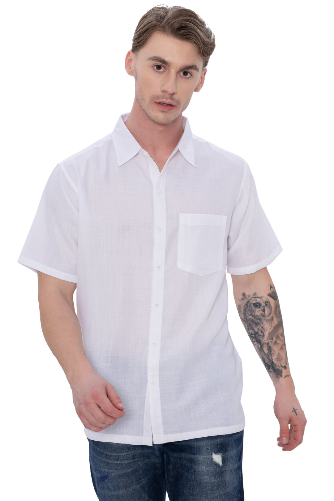 HAPPY BAY Mens Hawaiian Shirts Plain White P00487