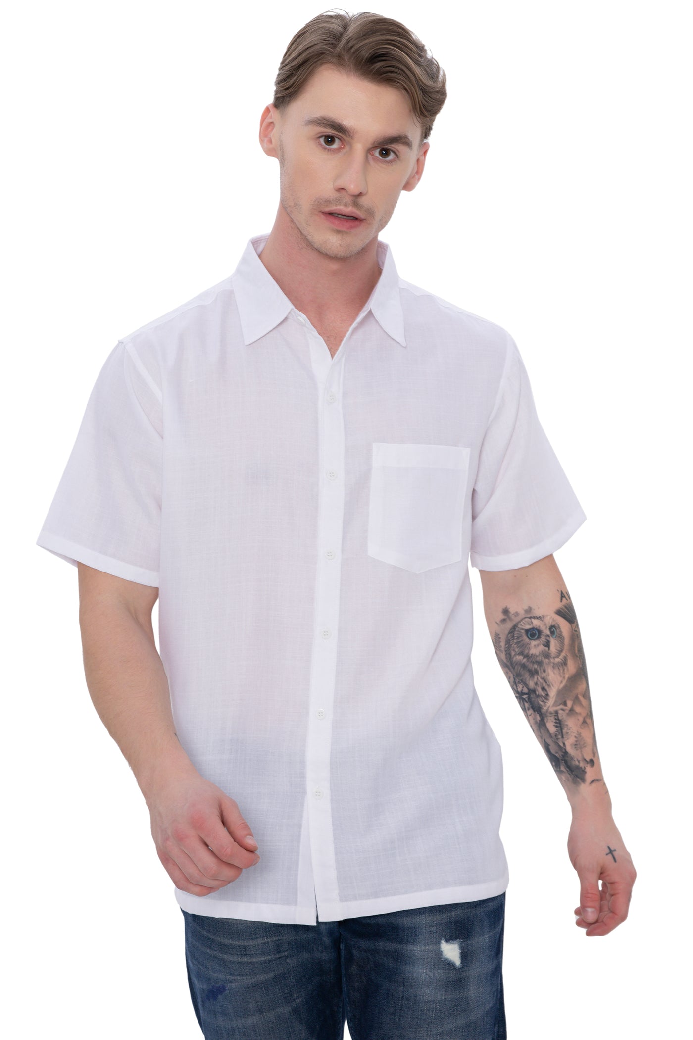 HAPPY BAY Mens Hawaiian Shirts Plain White P00487