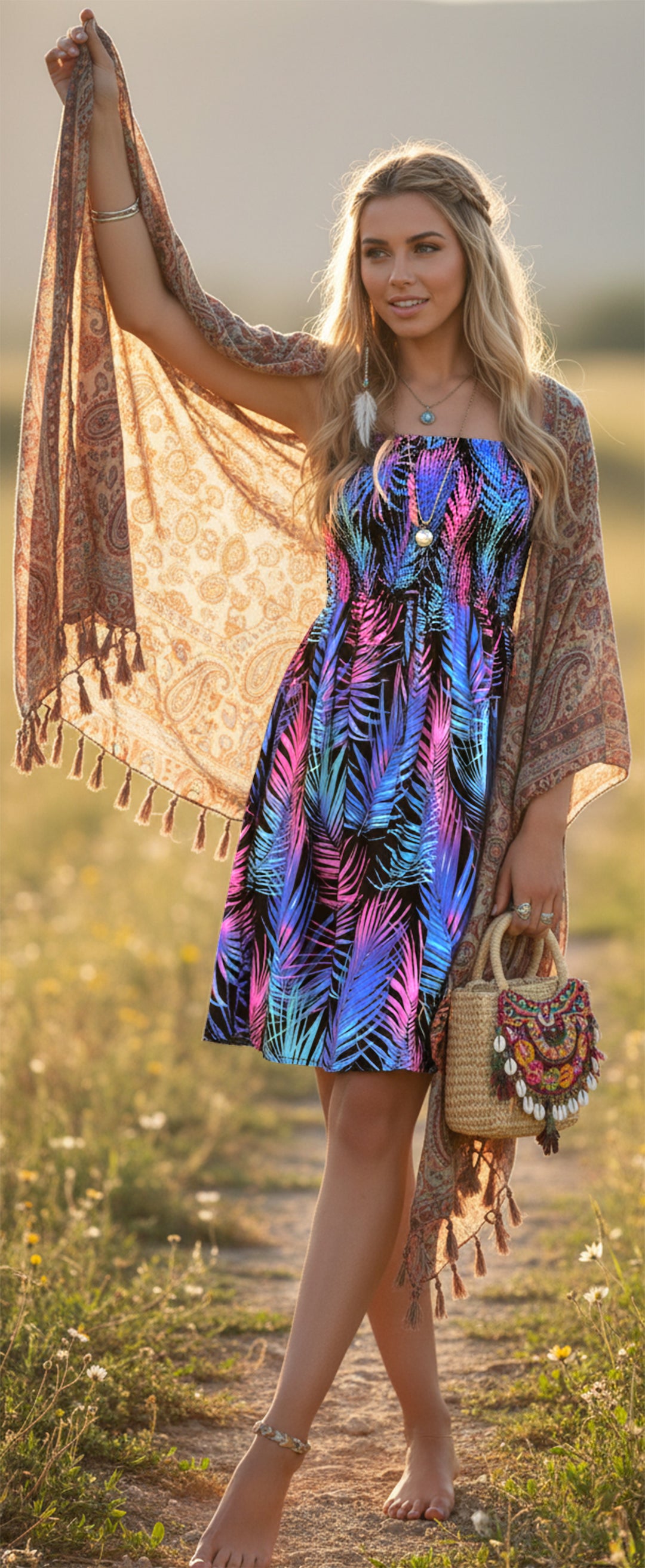 Midnight Palm Short Dress for women P00844