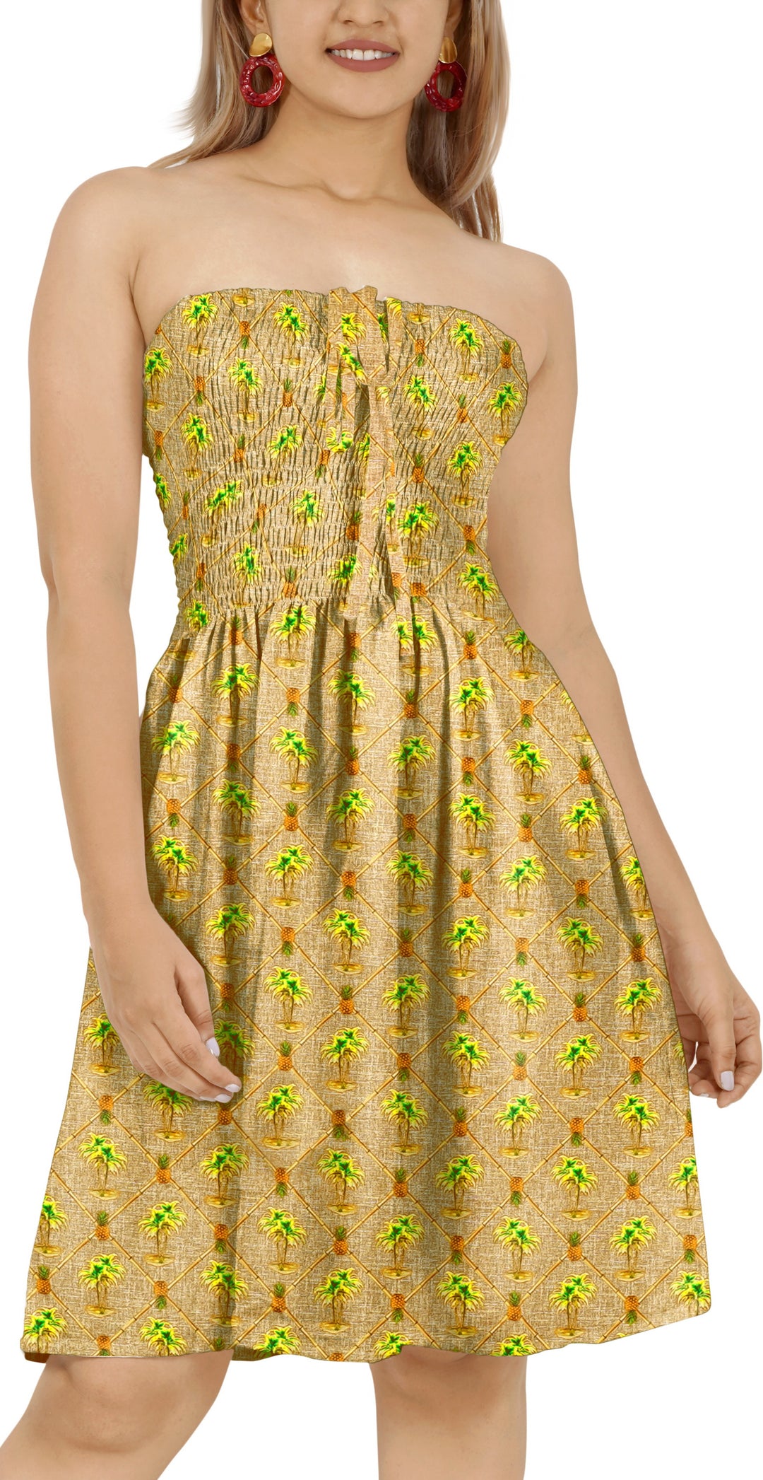Tropical Retreat Brown Palm Tree and Pineapple Print Short Tube Dress For Women P00914