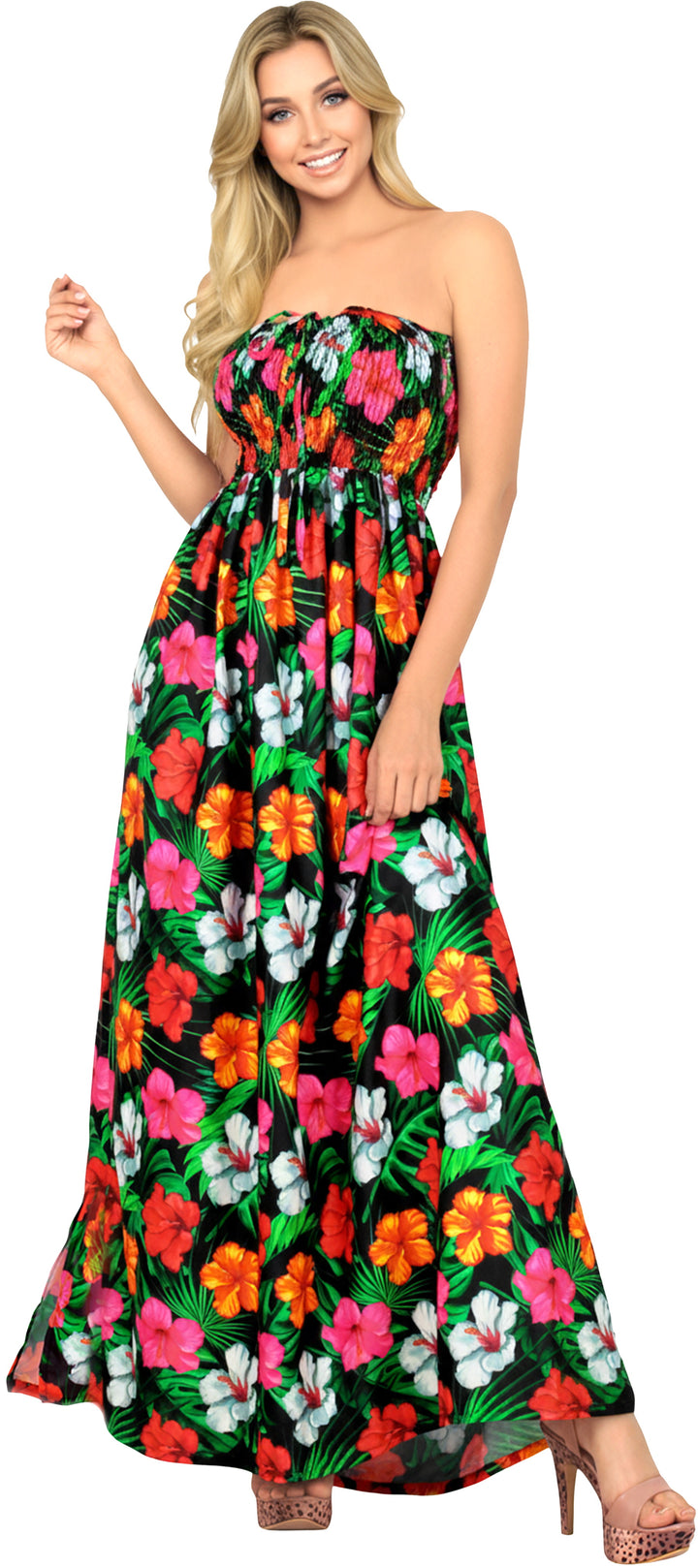 Black Allover Multi-Color Tropical Floral Print Strapless Long Dress P01048
