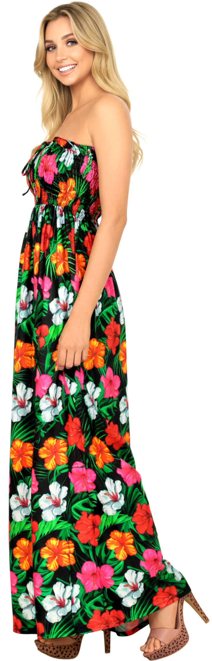 Black Allover Multi-Color Tropical Floral Print Strapless Long Dress P01048
