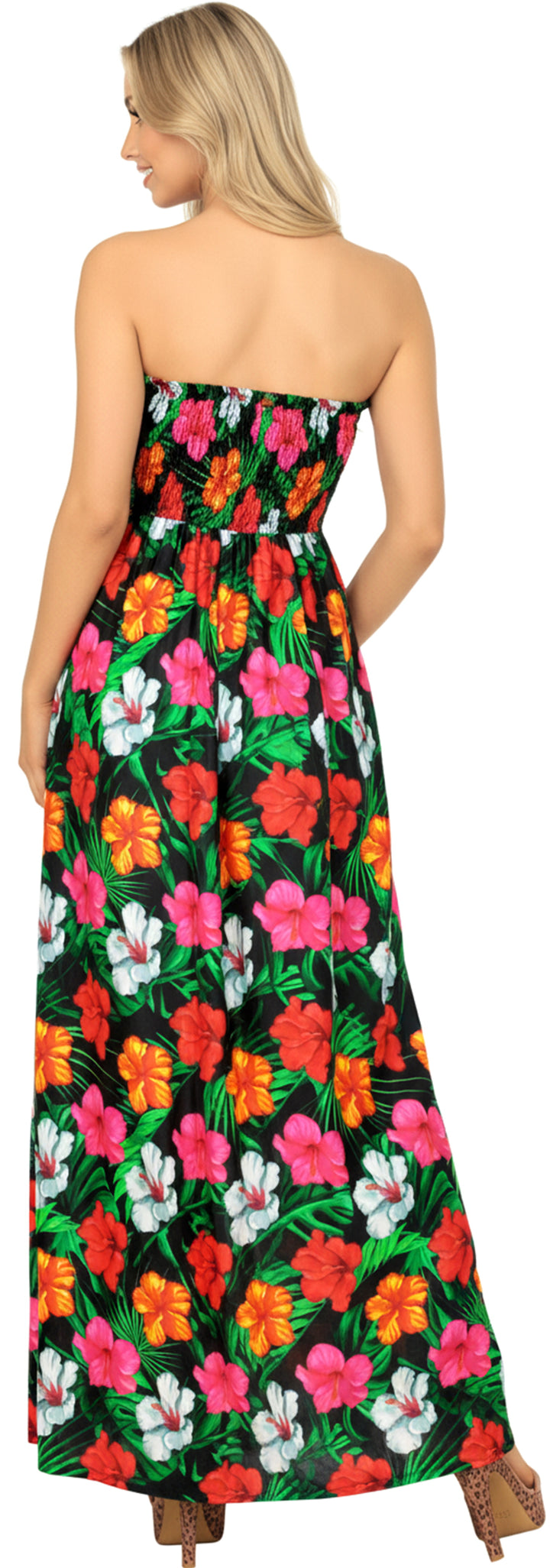 Black Allover Multi-Color Tropical Floral Print Strapless Long Dress P01048