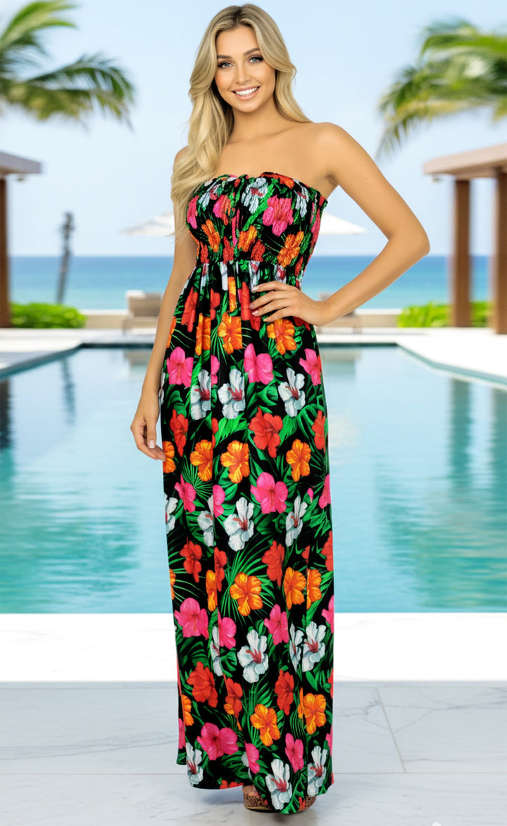 Black Allover Multi-Color Tropical Floral Print Strapless Long Dress P01048