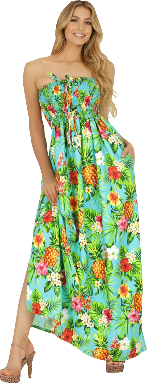 Resort Chic Shamrock Green Tropical Floral and Pineapple Print Strapless Long Dress P01050