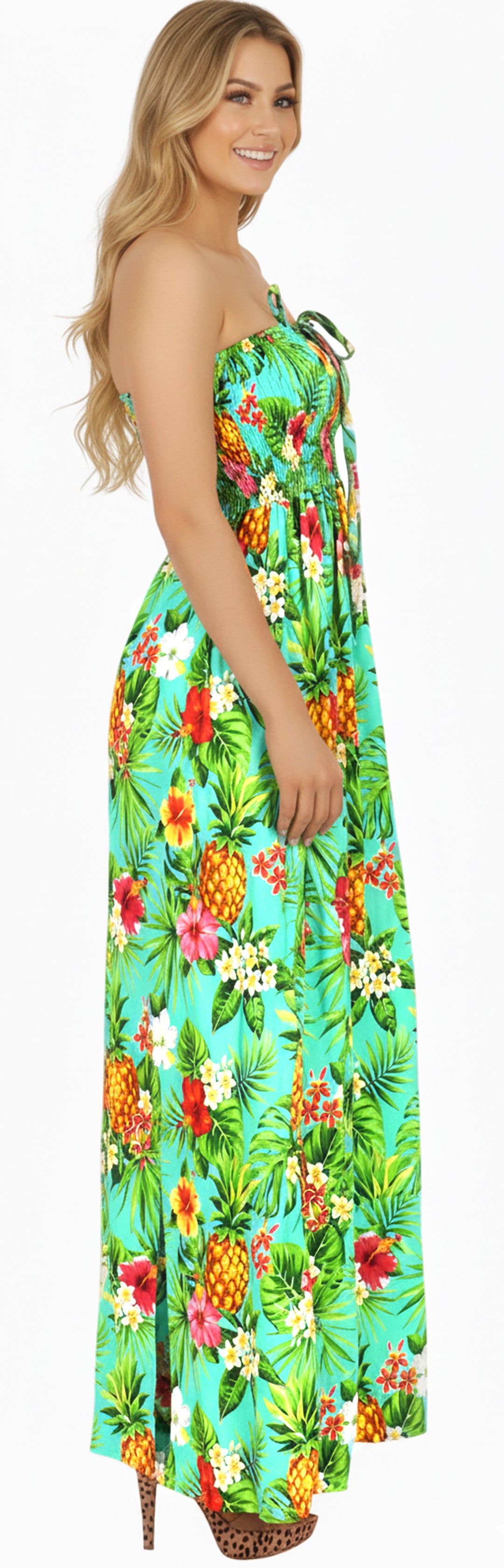 Resort Chic Shamrock Green Tropical Floral and Pineapple Print Strapless Long Dress P01050