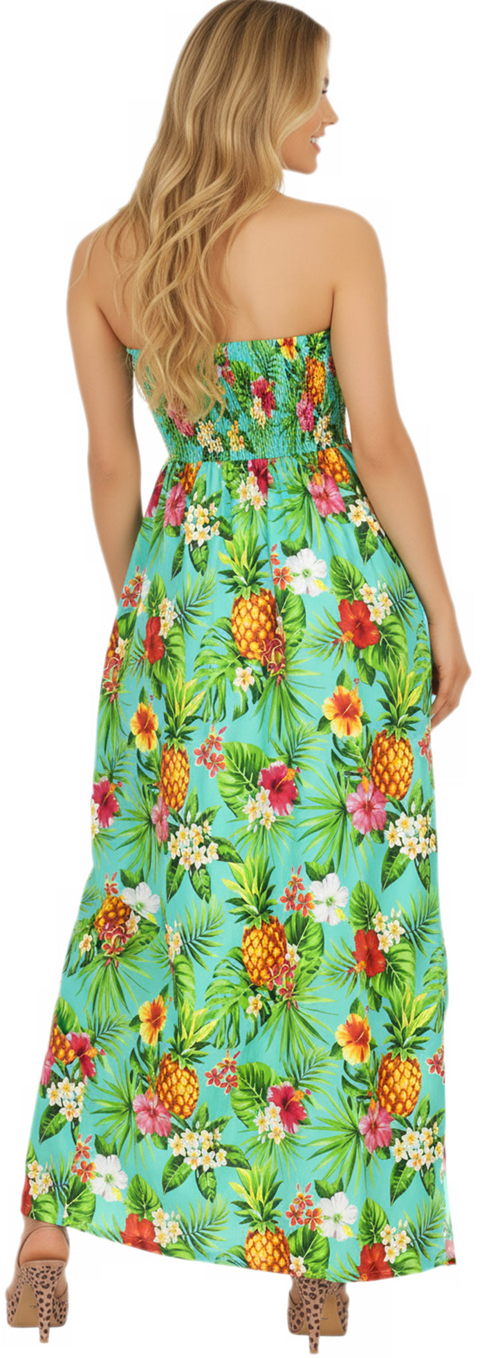 Resort Chic Shamrock Green Tropical Floral and Pineapple Print Strapless Long Dress P01050
