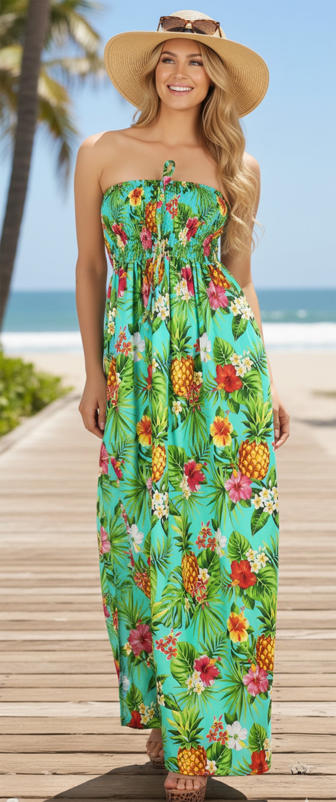 Resort Chic Shamrock Green Tropical Floral and Pineapple Print Strapless Long Dress P01050
