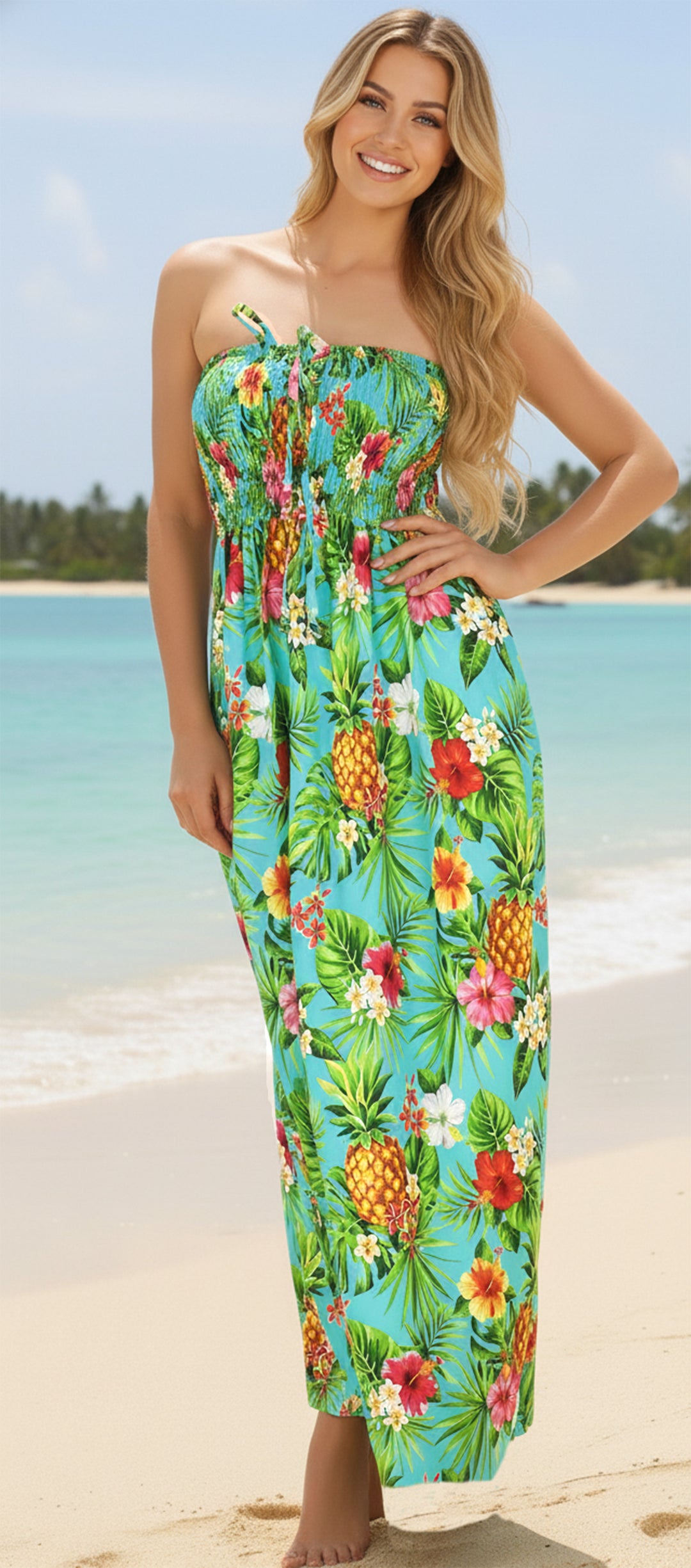 Resort Chic Shamrock Green Tropical Floral and Pineapple Print Strapless Long Dress P01050