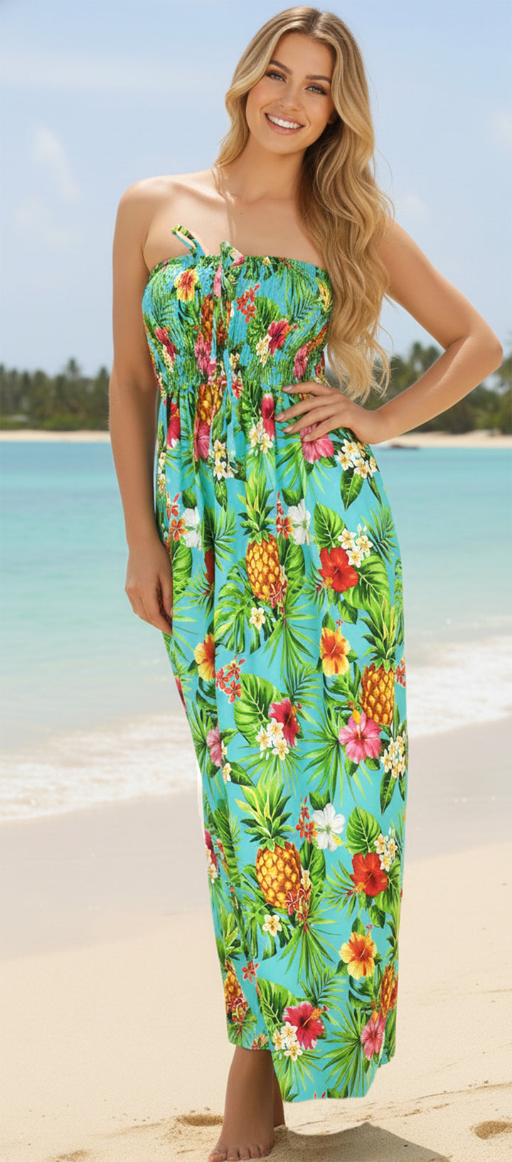 Resort Chic Shamrock Green Tropical Floral and Pineapple Print Strapless Long Dress P01050
