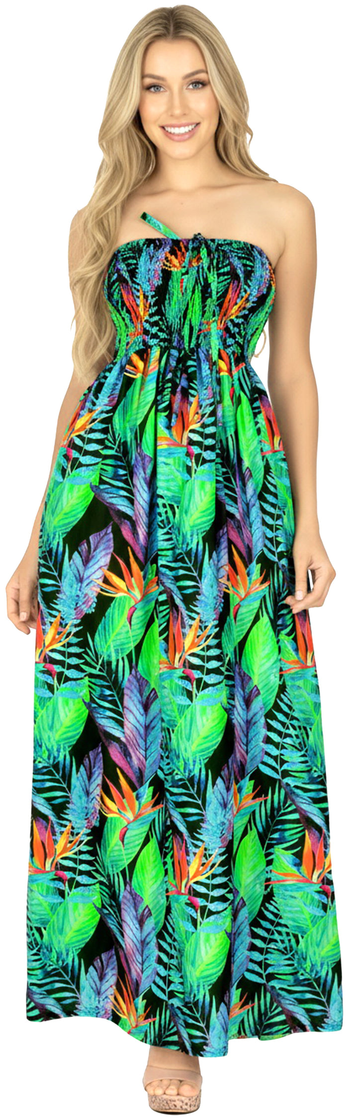 Allover Tropical Palm Leaves and Floral Printed Long Maxi Strapless Dress P01052