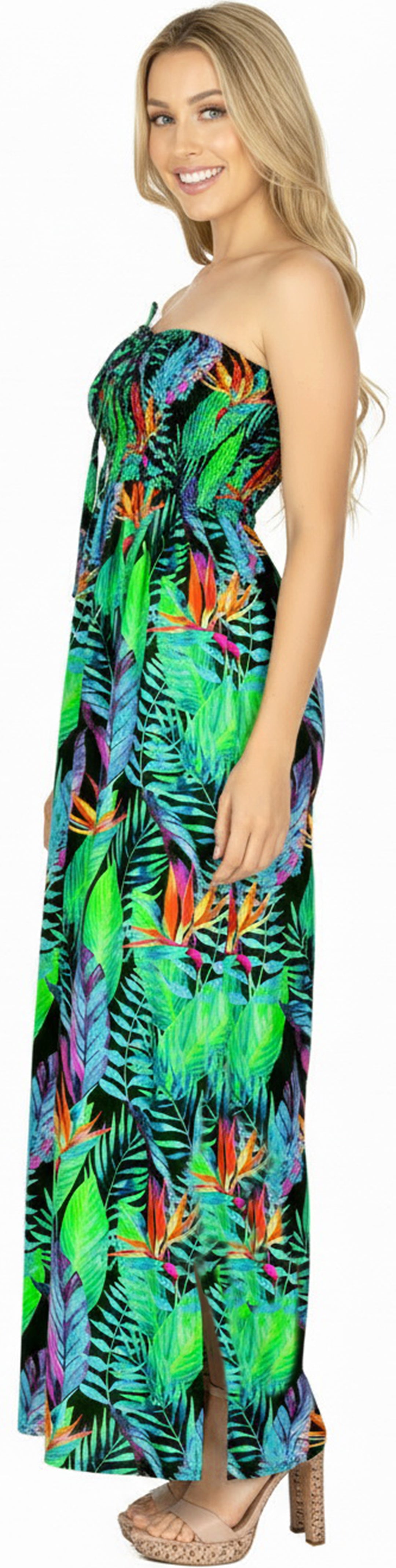 Allover Tropical Palm Leaves and Floral Printed Long Maxi Strapless Dress P01052