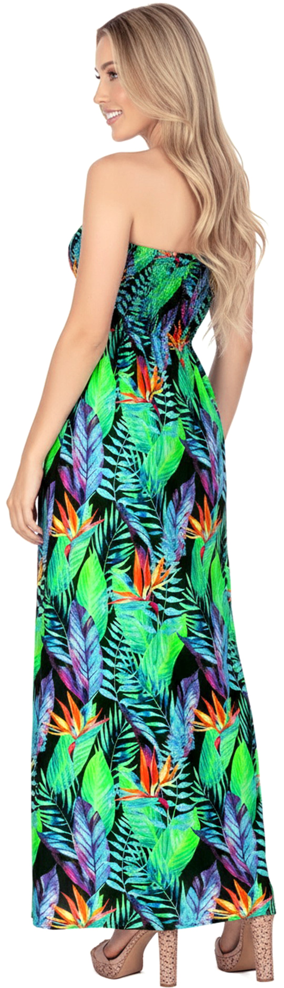 Allover Tropical Palm Leaves and Floral Printed Long Maxi Strapless Dress P01052