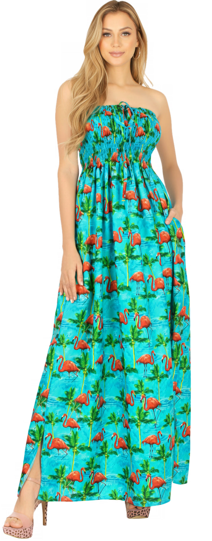 Blue Palm Tree and Swan Printed Long Tube Dress For Women P01061