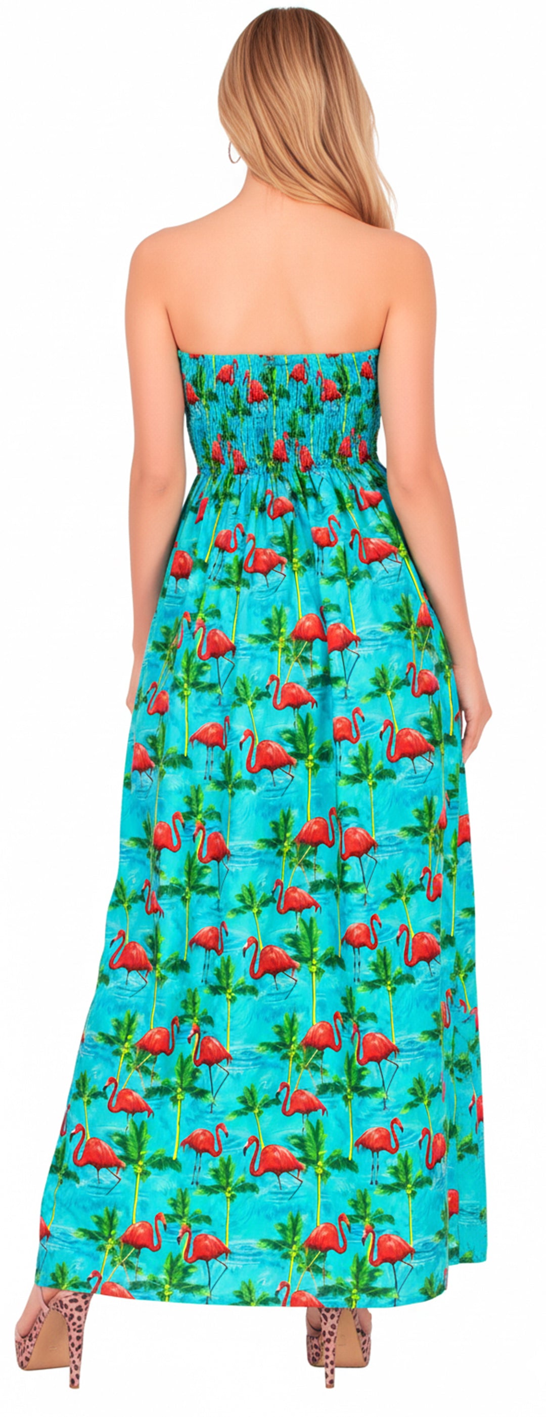 Blue Palm Tree and Swan Printed Long Tube Dress For Women P01061