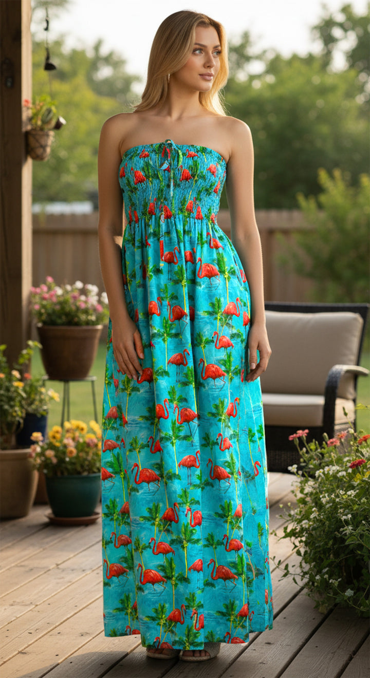 Blue Palm Tree and Swan Printed Long Tube Dress For Women P01061