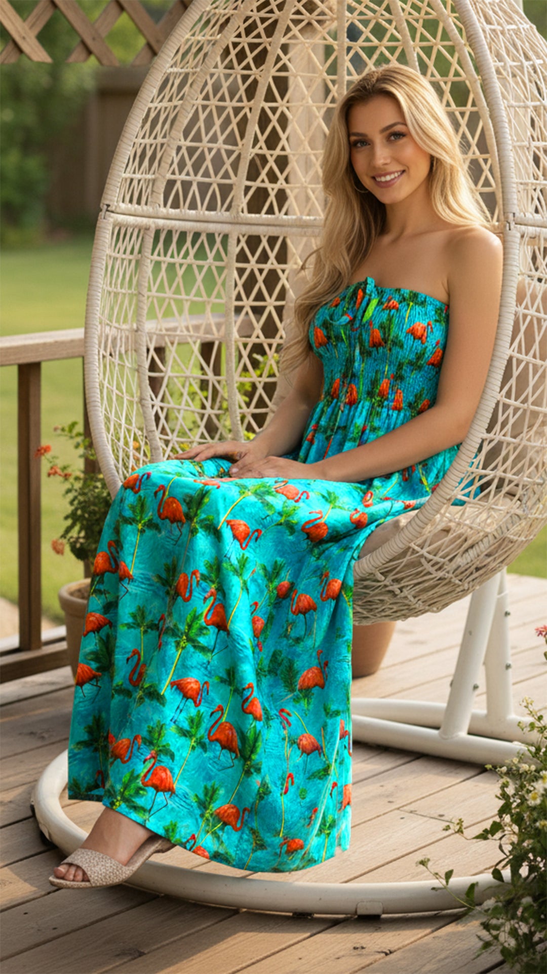 Blue Palm Tree and Swan Printed Long Tube Dress For Women P01061