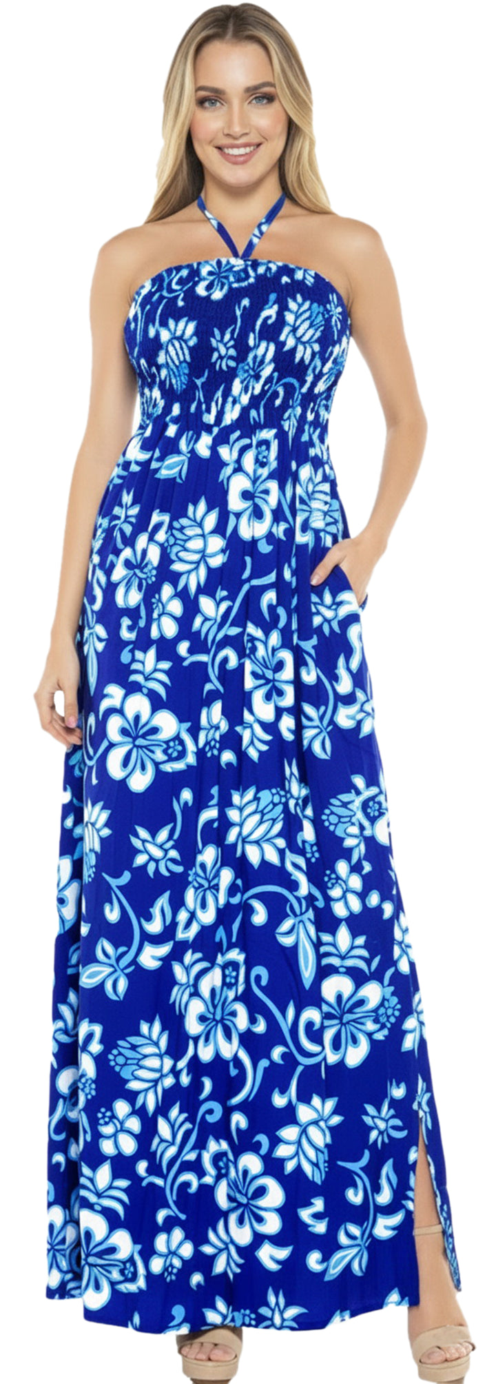 HAPPY BAY Women Sleeveless Long Blue White Flower P01134