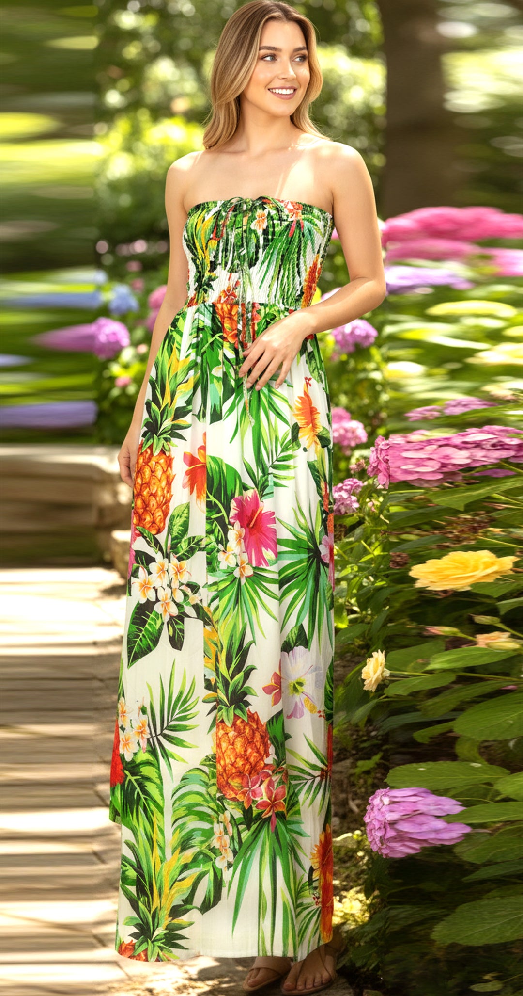White Pineapple and Flower Print Long Tube Dress For Women P01219