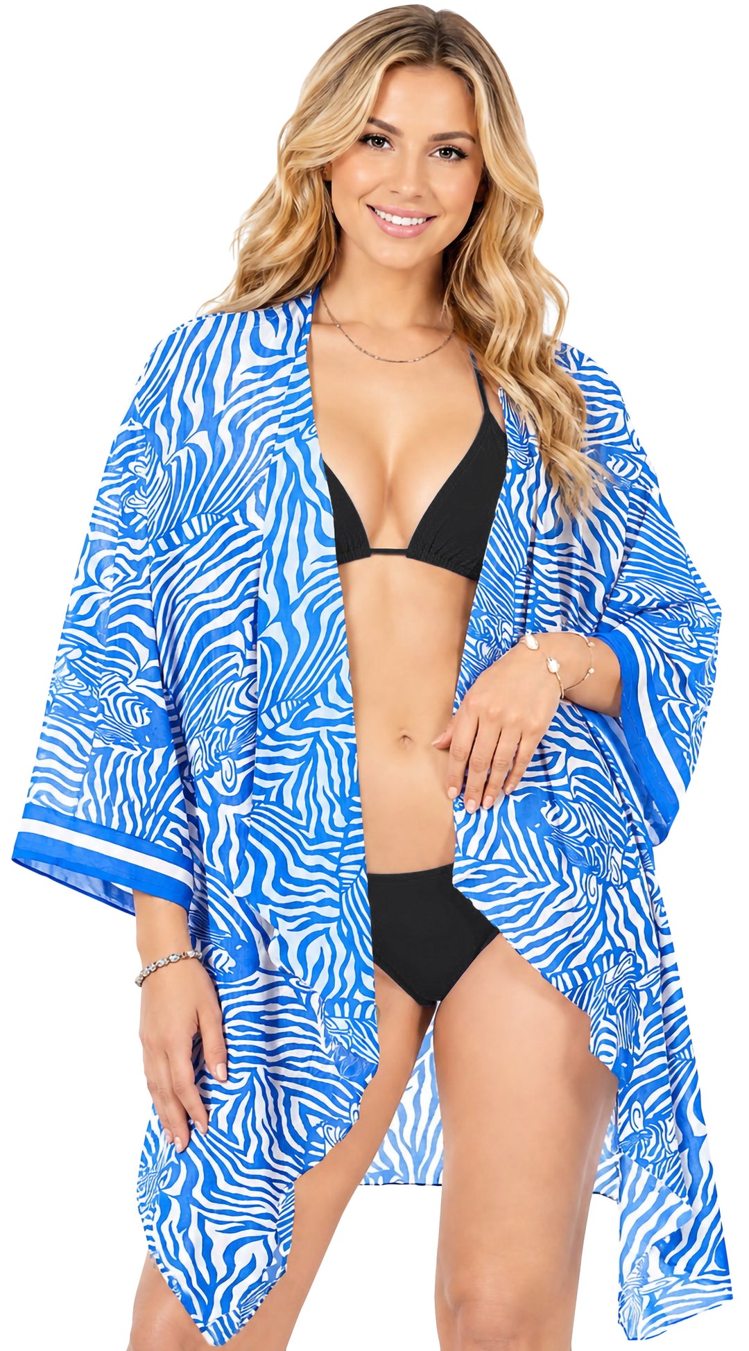 Blue Open-Front Sheer Chiffon Kimono Swimsuit Cover-Up For Women P03221