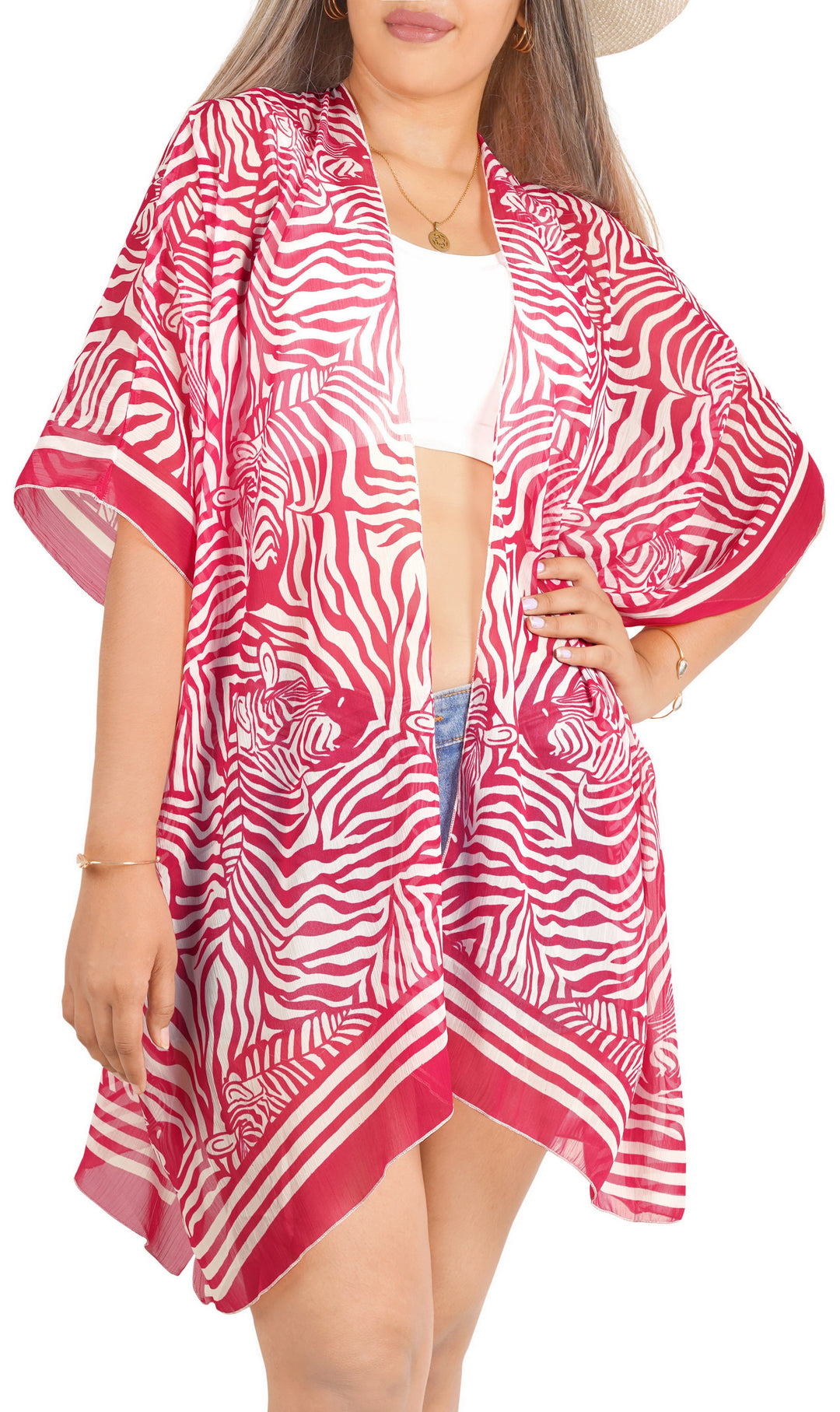 Pink Sheer Lightweight Open-Front Beach Kimono for Women P03293