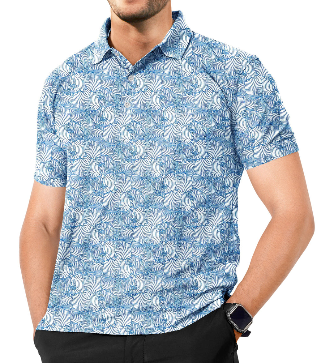 HAPPY BAY Mens Hawaiian T-Shirts Blue Hibiscus P04653