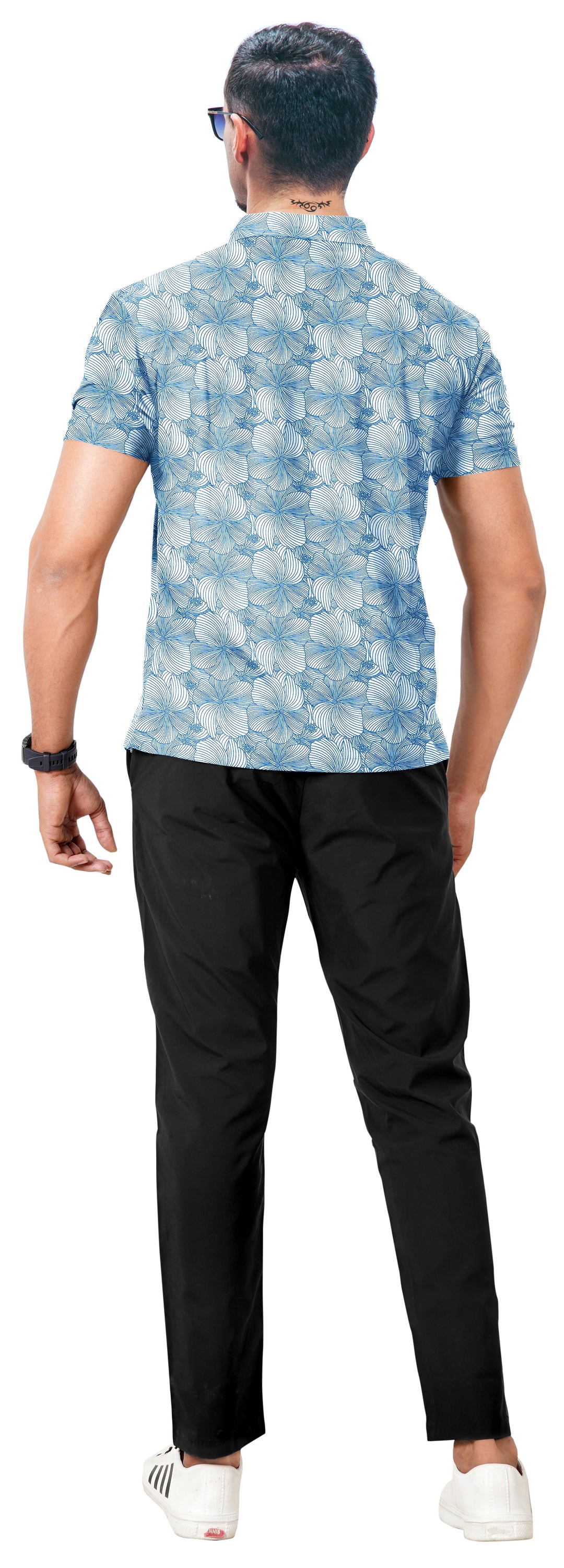 HAPPY BAY Mens Hawaiian T-Shirts Blue Hibiscus P04653