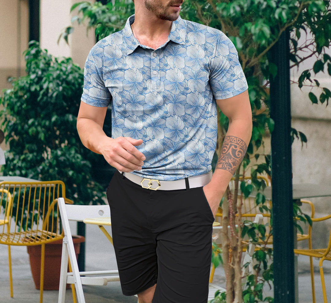 HAPPY BAY Mens Hawaiian T-Shirts Blue Hibiscus P04653