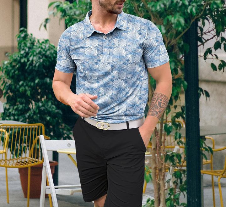 HAPPY BAY Mens Hawaiian T-Shirts Blue Hibiscus P04653