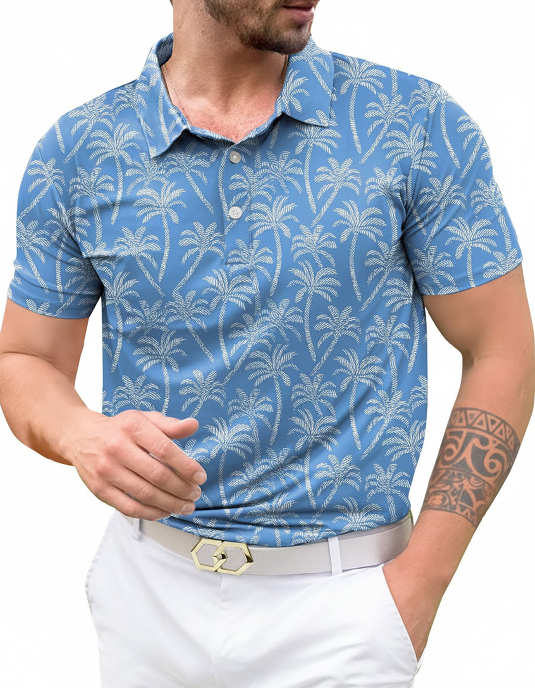 HAPPY BAY Mens Hawaiian T-Shirts Blue Palm Tree P04664