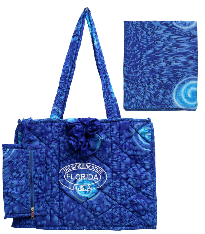 Beautiful Navy Blue Abstract Printed Hawaiian Beach Bag With Beach Wrap and Scrunchy For Women P04695