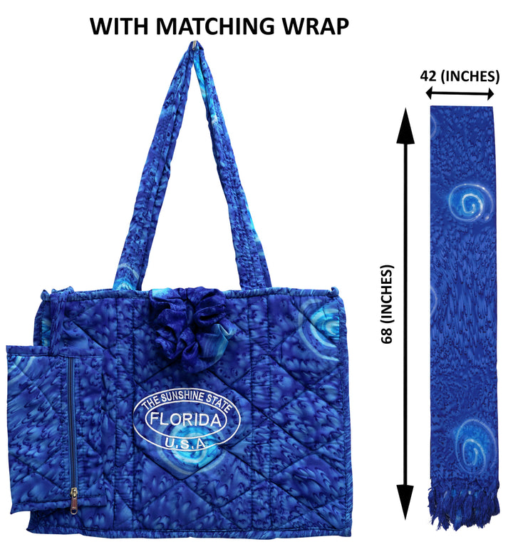 Beautiful Navy Blue Abstract Printed Hawaiian Beach Bag With Beach Wrap and Scrunchy For Women P04695