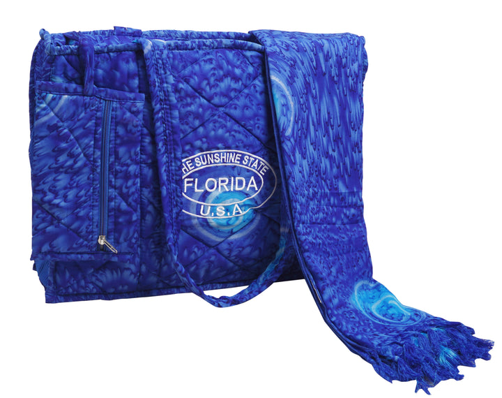 Beautiful Navy Blue Abstract Printed Hawaiian Beach Bag With Beach Wrap and Scrunchy For Women P04695
