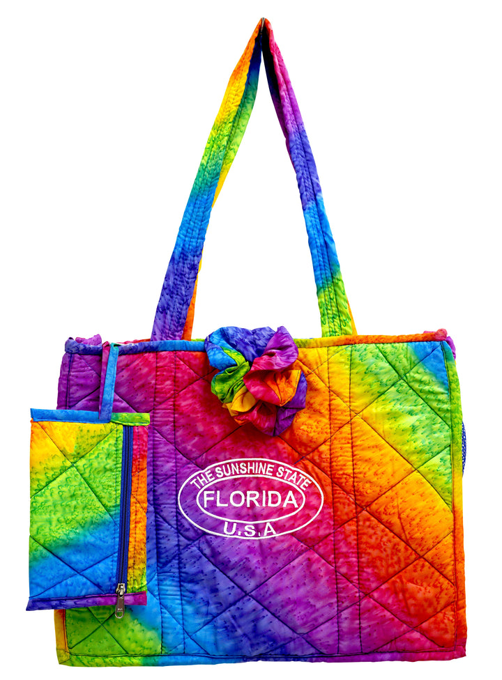 Multicolor Rainbow abstract Print Hawaiian Style Beach Bag With Beach Wrap and Scrunchy For Women P04700