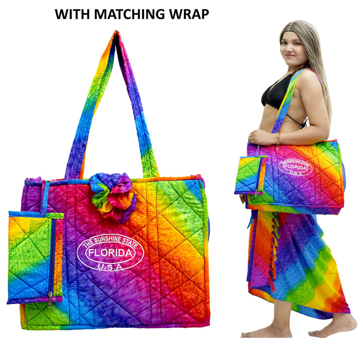 Multicolor Rainbow abstract Print Hawaiian Style Beach Bag With Beach Wrap and Scrunchy For Women P04700
