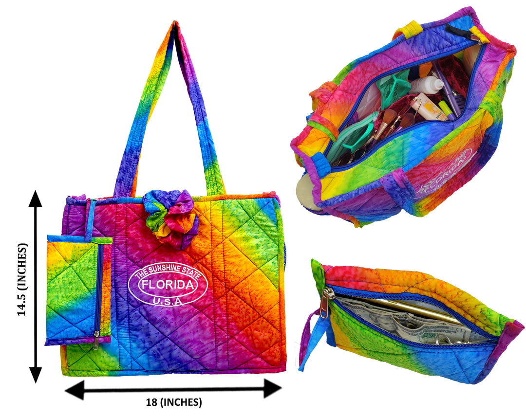 Multicolor Rainbow abstract Print Hawaiian Style Beach Bag With Beach Wrap and Scrunchy For Women P04700