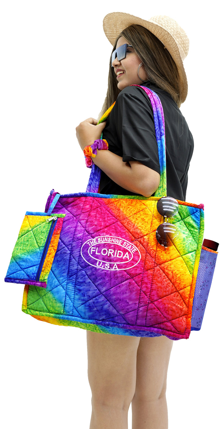 Multicolor Rainbow abstract Print Hawaiian Style Beach Bag With Beach Wrap and Scrunchy For Women P04700