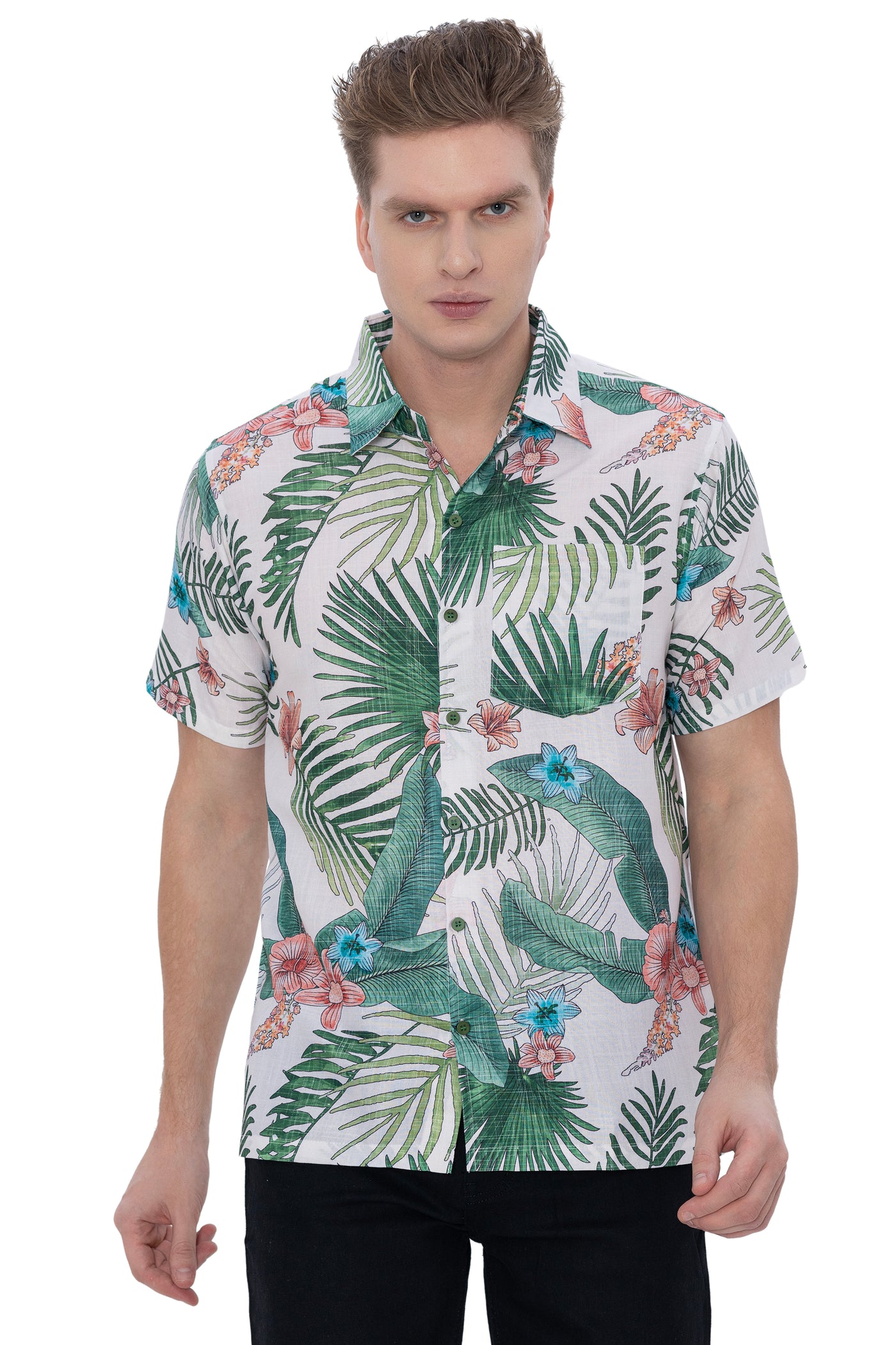 HAPPY BAY Mens Hawaiian Shirts Green Leaves P07218
