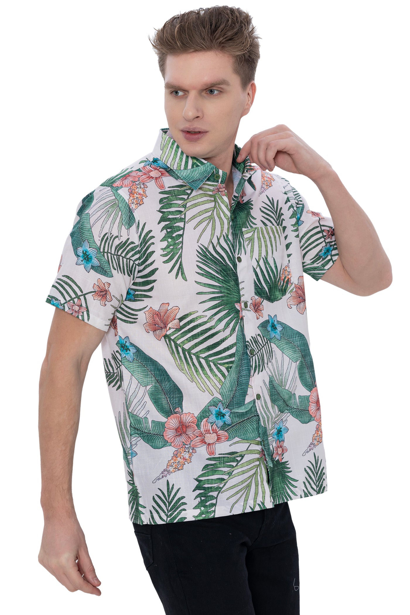 HAPPY BAY Mens Hawaiian Shirts Green Leaves P07218